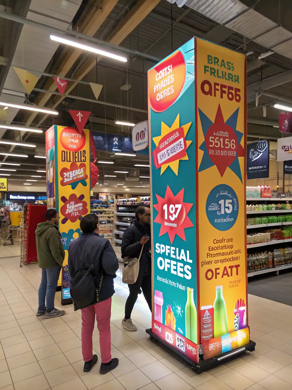 An image of a vibrant in-store promotional display with branded signage and promotional staff engaging with shoppers, representing ABC Marketing's in-store advertising expertise.